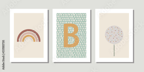Kids, child art interior home decor. Letter B. 3 pieces frame canvas wall art. Colorful prints with shapes, Rainbow, balloon. Element for design. Three vertical frame posters on floor with white walls