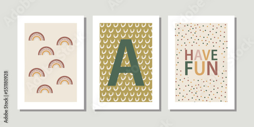 Kids, child art interior home decor. Letter A. 3 pieces frame canvas wall art. Colorful prints with shapes, Rainbow, have fun. Element for design. Three vertical frame posters on floor with white wall