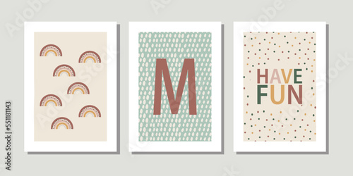 Kids, child art interior home decor. Letter M. 3 pieces frame canvas wall art. Colorful prints with shapes rainbow have fun. Element for design. Three vertical frame posters on floor with white walls