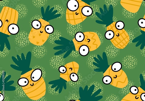 Fototapeta Naklejka Na Ścianę i Meble -  Fruit seamless cartoon pineapple pattern for wrapping paper and fabrics and linens and kids clothes print