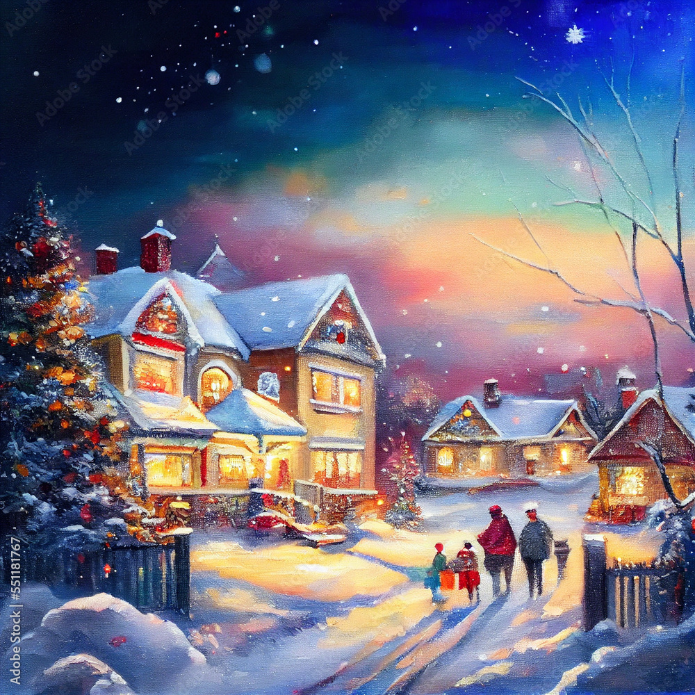 Colorful Christmas family Scene with snow falling and people gathering for the holidays
