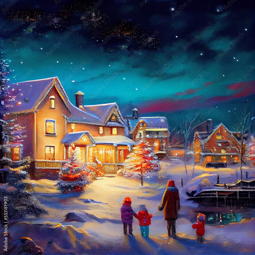 Colorful Christmas family Scene with snow falling and people gathering for the holidays Colorful Christmas family Scene with snow falling and people gathering for the holidays