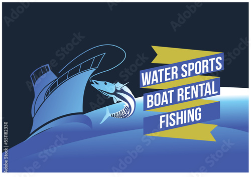 Water sports, boat rental and fishing banner concept