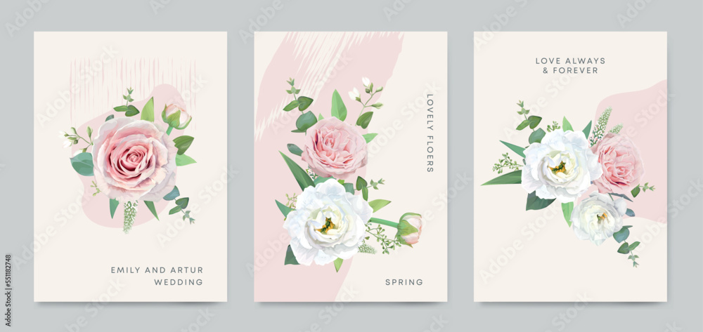 Vector floral card template set. Watercolor bouquet illustration. Dusty garden rose, white flowers, jasmine, green eucalyptus branch leaves, abstract pink color painting. Elegant wedding invite design