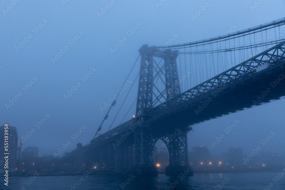 Williamsburg Bridge view under heavy fog