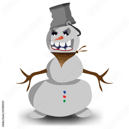 Snowman with a bucket on his head and a cowboy bandage. Scarf and hat. Evil and good snowman. Vector illustration.