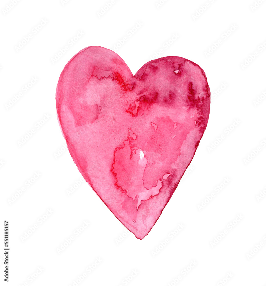 Watercolor painted pink heart, handmade element for your design
