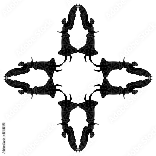 Rectangular cross mandala or frame with winged antique goddesses or angels. Black and white negative silhouette.