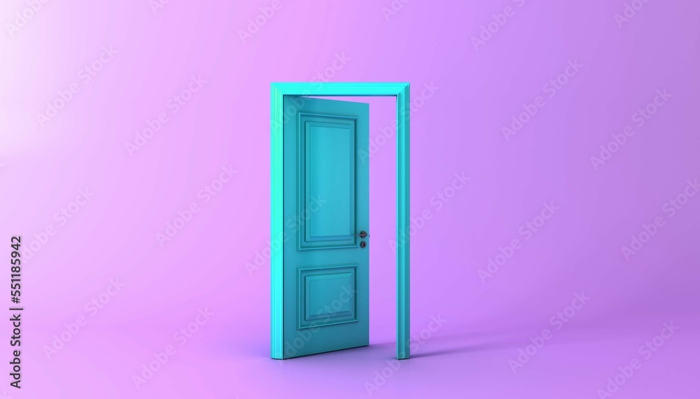 Creative minimal style design. three open doors on pastel pink background. 3d rendering
