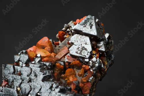 hematoid quartz on magnetite macro detail texture background. close-up raw rough unpolished semi-precious gemstone