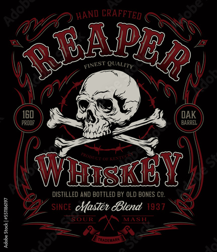 Vintage whiskey liquor label t-shirt graphic with antique frame and skull with crossbones