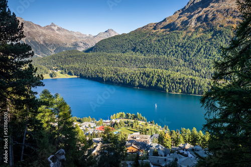 Sailing on St Moritz lake, view above Engadine, Graubunden, Switzerland