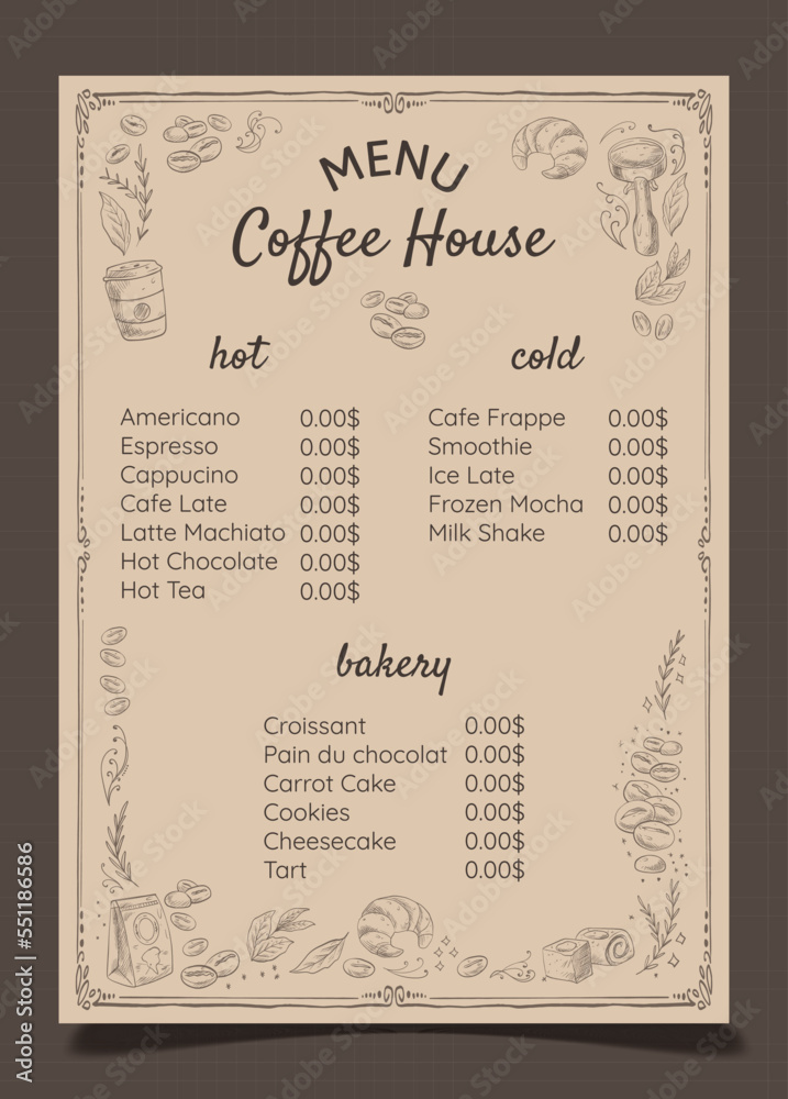 Vector menu for coffee shop. Coffee price list on vintage background Stock Vector Adobe Stock