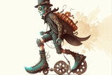 Stylish man on a roller skate in profile with large courier bag, fantasy style, isolated	
