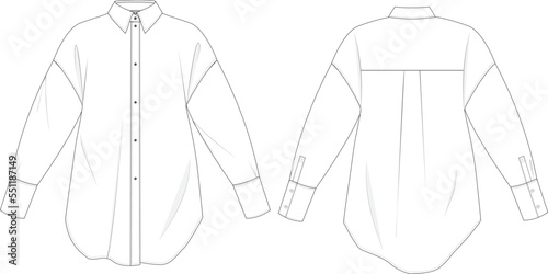  Technical drawing. Oversized classic button-down collar shirt in blue poplin fabric. Back and Front. On body.