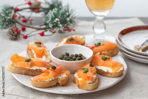 canape with salmon and capers. Christmas food idea. Christmas food.