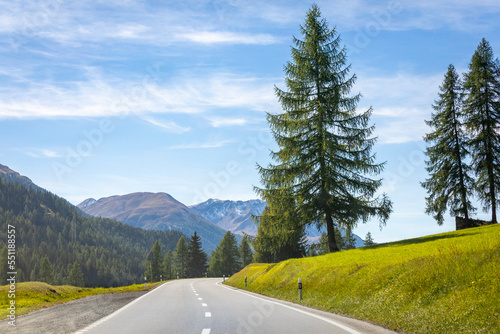 Mountain road in Engadine, dramatic road with swiss alps, Switzerland