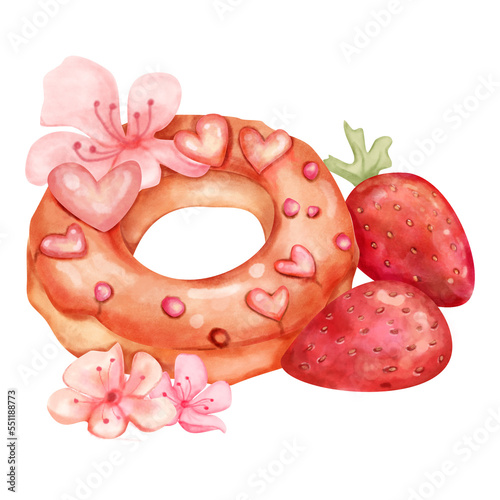 Donut Strawberries Clipart Pack, Watercolor Strawberry Clip Art, Pink Watercolor Summer Fruit, Berry, Jam, Transparent PNGs, Donut Birthday © Aime