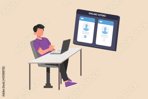 Happy boy wants to vote for candidates online on laptop for general regional or presidential election. Voting concept. Colored flat graphic vector illustration. 