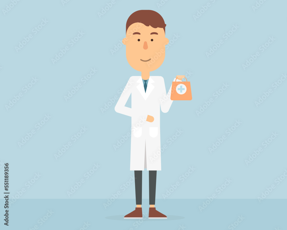 Vector illustration of a young male pharmacist. holding a paper small bag medications. Flat style vector design. Vector illustration of a young male pharmacist. holding a paper small bag medications. Flat style vector design.