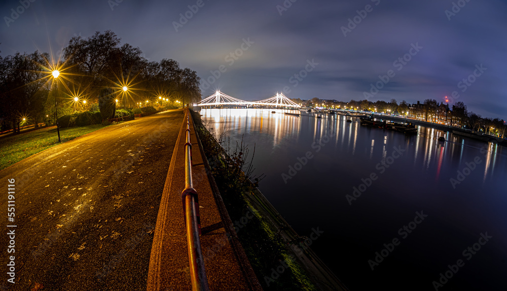 View of Albert Bridge and Battersea park at Christmas time in the night, London
