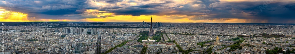 Aerial panorama of Paris with Eiffel Tower at the centre. France