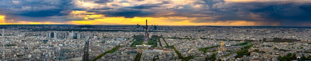 Aerial panorama of Paris with Eiffel Tower at the centre. France