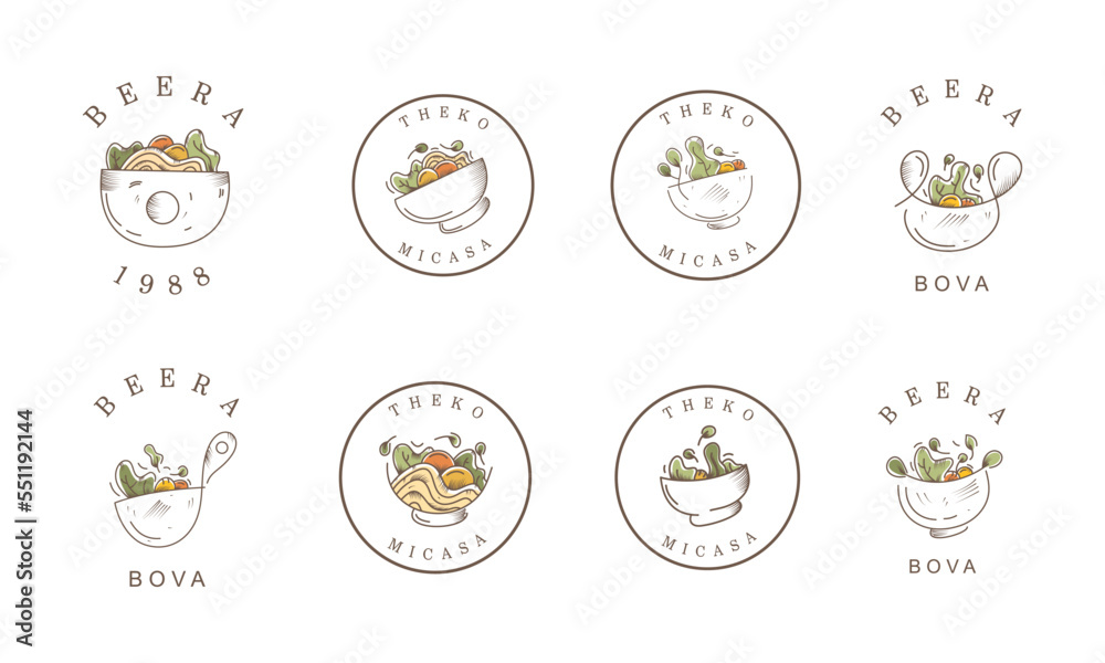 Healthy food hand draw line mascot for salad food logo brand design set vector