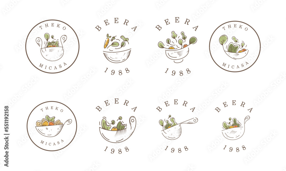 Healthy food hand draw line mascot for salad food logo brand design set vector