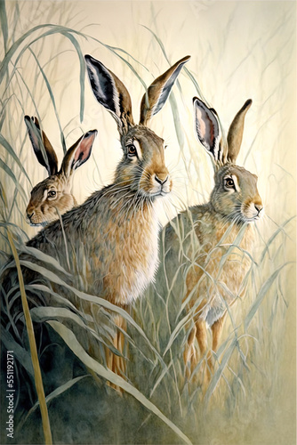 Hare family in the long grass