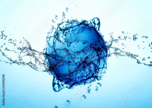 青い球体と水しぶきの3dイラスト