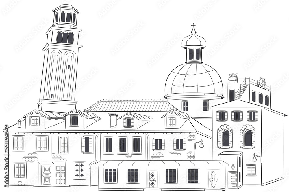 Black and white drawing of old Venetian houses and a bell tower on a white background.
