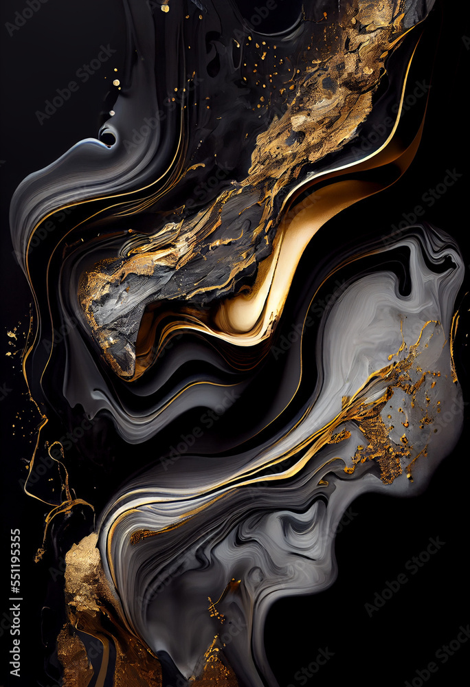Luxury abstract fluid art painting in black, gray and gold paints ink ...