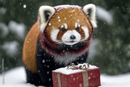 Cute Red Panda on the snow with a Christmas present. Hand-edited generative AI  © Stanislav