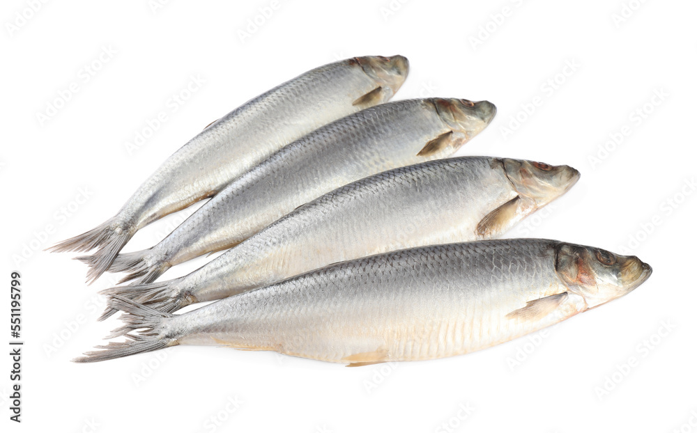 Whole delicious salted herrings isolated on white