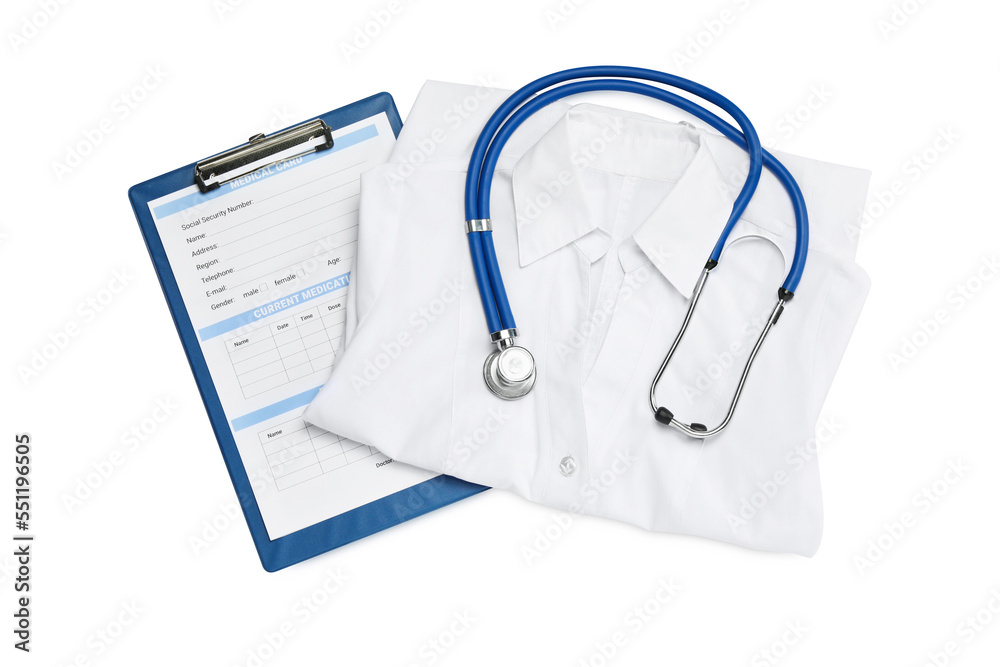 Medical uniform, stethoscope and clipboard on white background, top view Medical uniform, stethoscope and clipboard on white background, top view