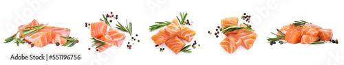 Set with pieces of fresh raw salmon and spices on white background. Banner design