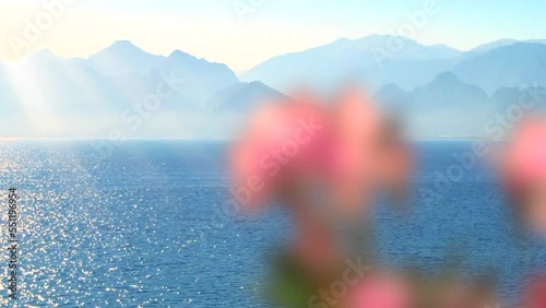 Sunny seascape and mountains in Antalya, Turkey