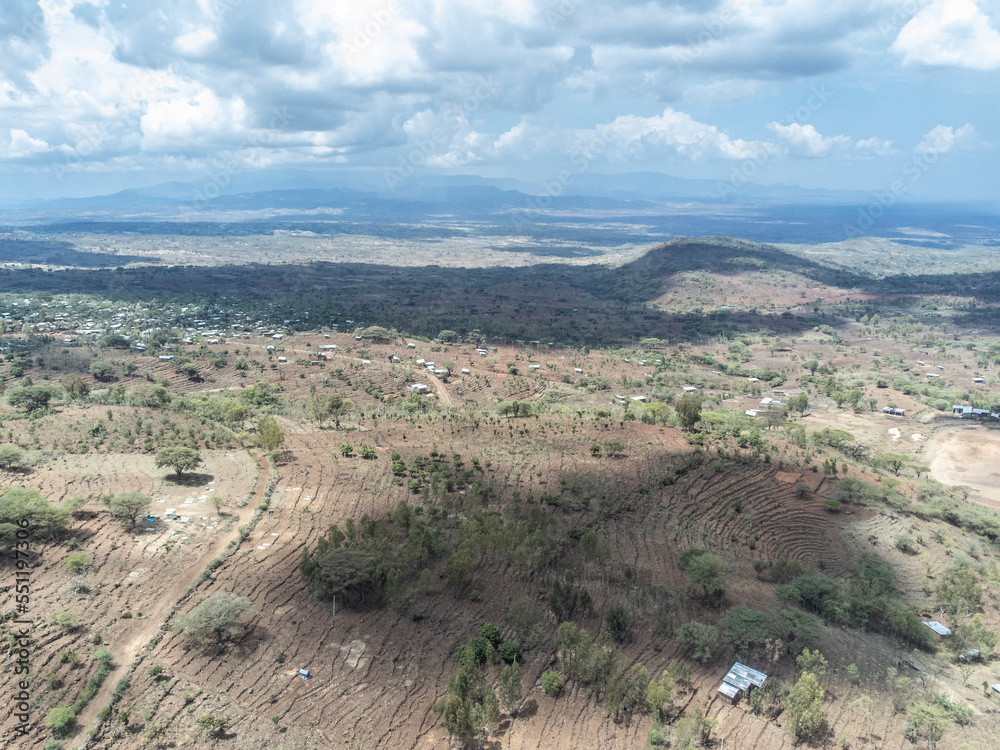 Aerial view of the terraced fields around Konso, Ethiopia. Konso is a UNESCO cultural landscape.