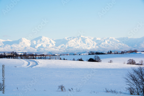 冬の晴れた日の雪原と山並み　十勝岳連峰