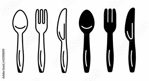 Cutlery icon fork, spoon and knife. Fork, spoon and knife icon design set in black and white. Stock vector
