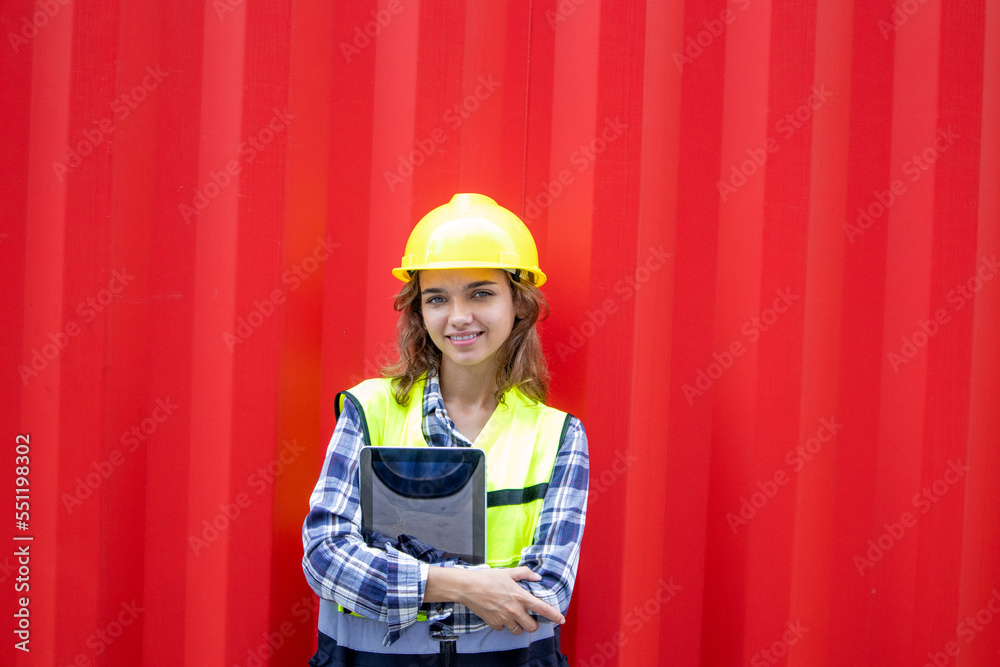Portrait of confident young caucasian female engineer holding tablet with container background Portrait of confident young caucasian female engineer holding tablet with container background