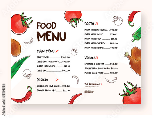 Food menu template with watercolor vegetable drawing vector illustration