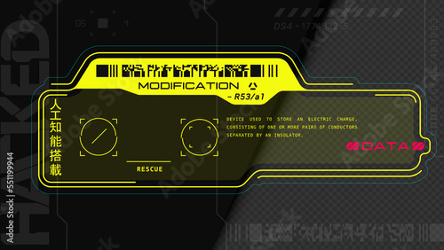 Cyberpunk decals set. Set of stickers and labels in futuristic style. Inscriptions and symbols, Japanese hieroglyphs for AI controlled. Interface in the style of neo-futurism games. HUD elements.