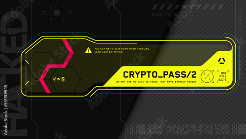 Cyberpunk decals set. Set of stickers and labels in futuristic style. Inscriptions and symbols in the style of neo-futurism games. Interface HUD elements.