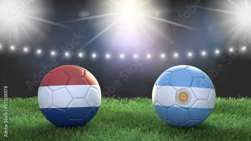 Two soccer balls in flags colors on stadium bright blurred background. Netherlands and Argentina. 3d image © Sasha Strekoza