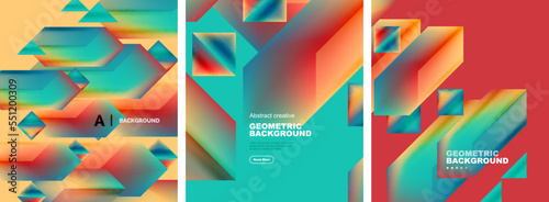 Vector set of abstract geometric poster backgrounds, colorful shapes with fluid colors. Collection of covers, templates, flyers, placards, brochures, banners