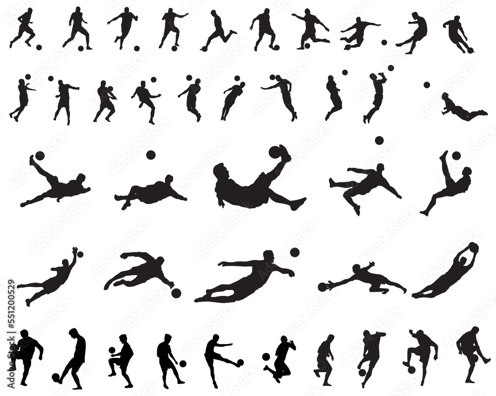 A set of 40 soccer football player silhouettes cutout outlines, vector icon sets in various poses