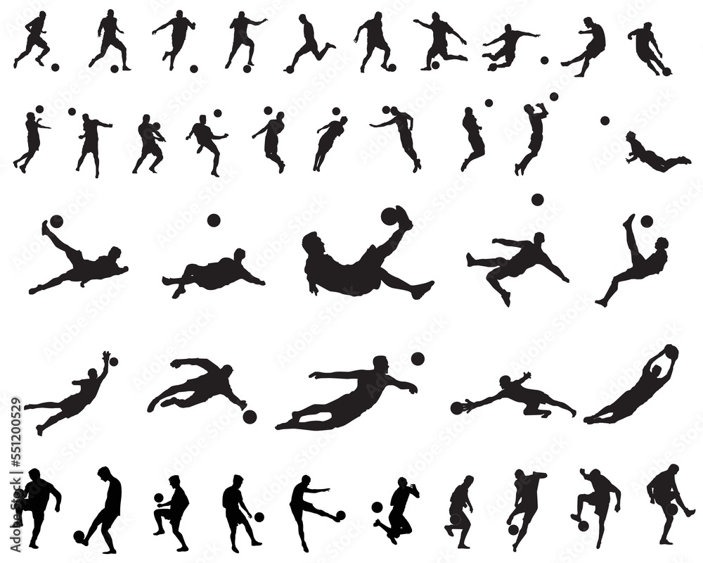 A set of 40 soccer football player silhouettes cutout outlines, vector icon sets in various poses A set of 40 soccer football player silhouettes cutout outlines, vector icon sets in various poses