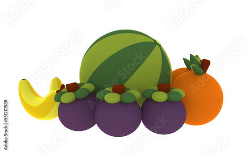 Fruits grouped in 3D without plate on a white background